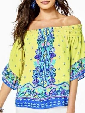 Lilly Pulitzer Fawna Yellow & Blue Off the Shoulder Summer Top